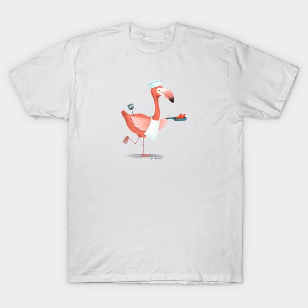 Flamingo frying sausages T-Shirt by julianamotzko